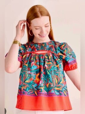 NWT AVARA PINCH Smocked Teal & Red Floral Peasant Top